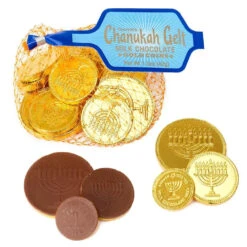 Chanukah Gelt Milk Chocolate Gold Coins In Mesh Bags: 18-Piece Box