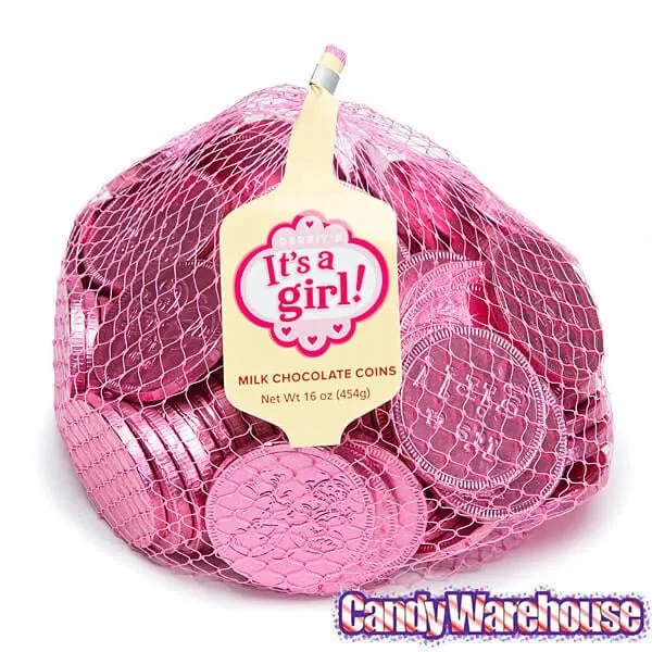 Pink Foiled Baby Girl Milk Chocolate Coins: 1LB Bag - Image 3